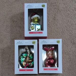 Set Of 3 Grinch Themed Blown Glass Ornaments